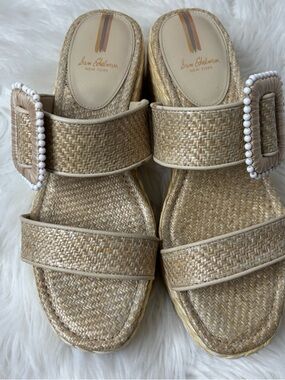 Sam Edelman Beige Woven Espadrille Slide Sandals with Beaded Buckle